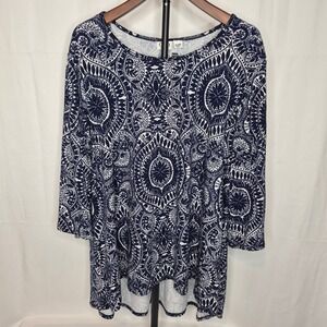 Cato Plus Woman Navy White Medallion Paisley‎ Tunic Top 3/4 Bell Sleeve 18/20W